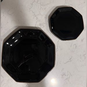Arcoroc SHANGHAI Black Glass Octagon Dinner & Salad Plates Gold Edge Trim France